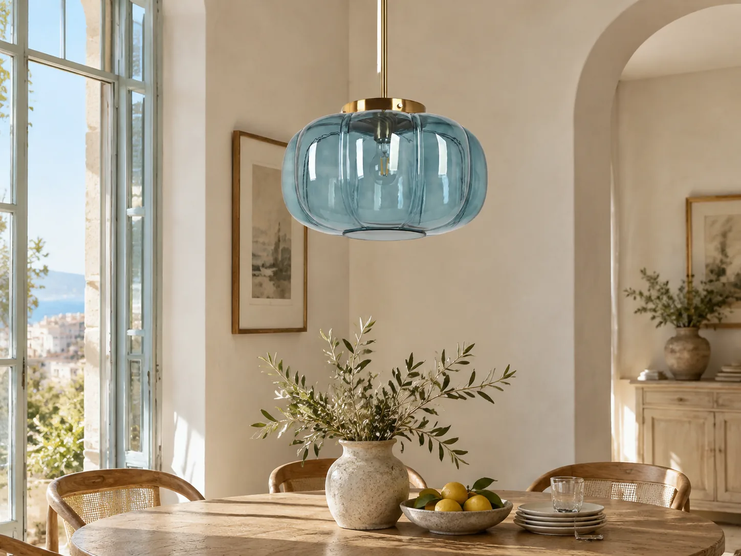 Ribbed Glass Single-Light Dome Pendant with Brass Finish - New2609-1024640 interior scene