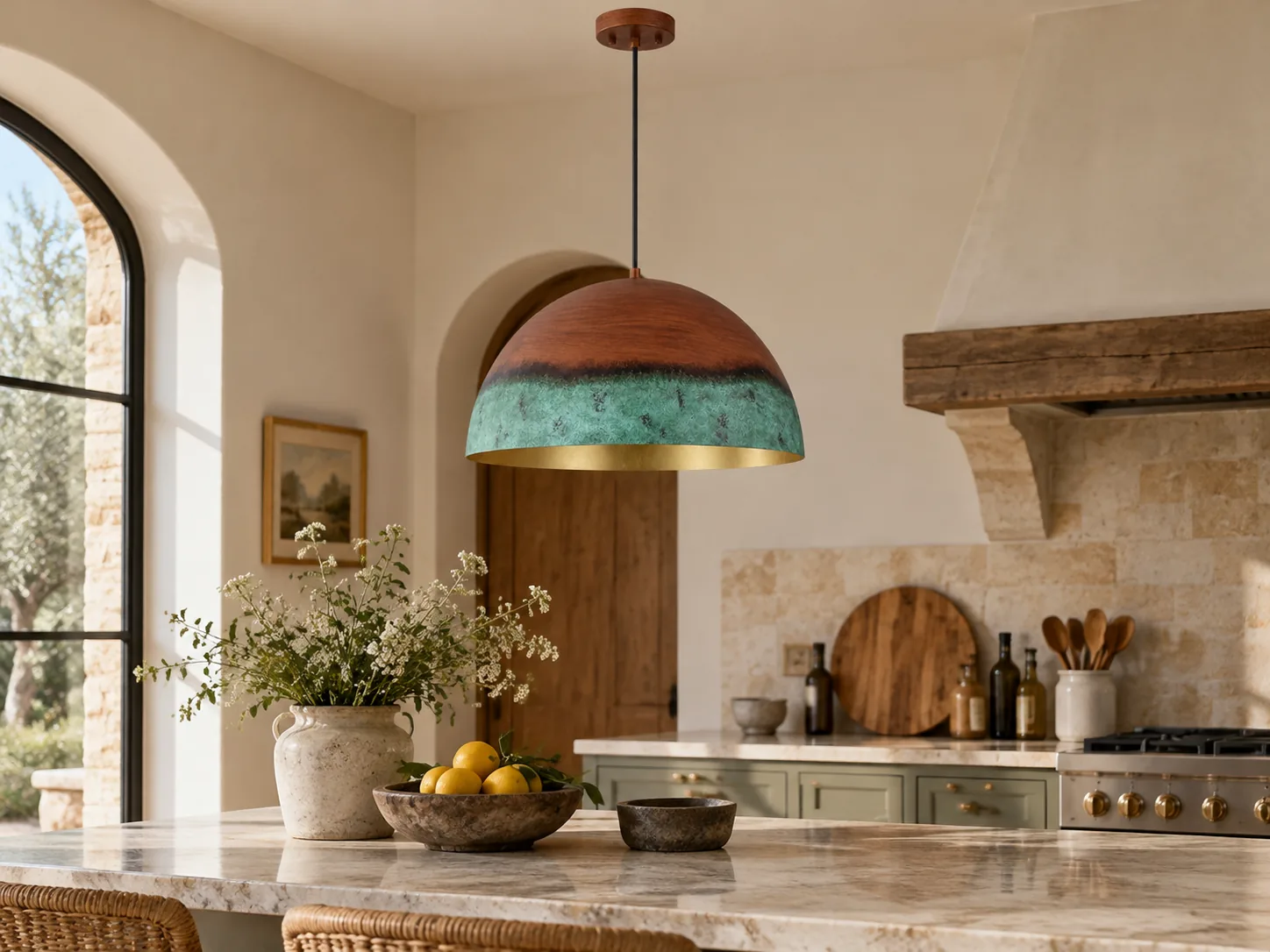 Textured Copper Patina Iron Dome Pendant Light with Gold Interior - New2609-1024557 interior scene