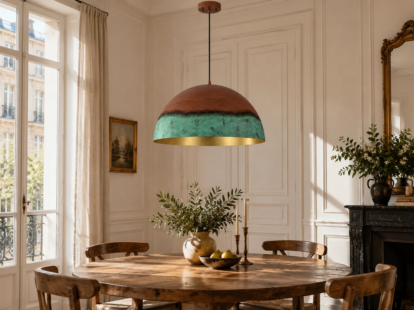 Textured Copper Patina Iron Dome Pendant Light with Gold Interior - New2609-1024556 interior scene