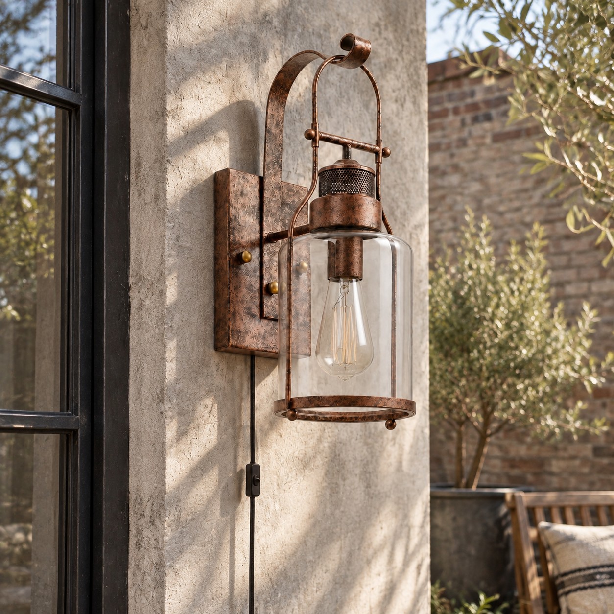 Glass jar wall sconce beside open shelves