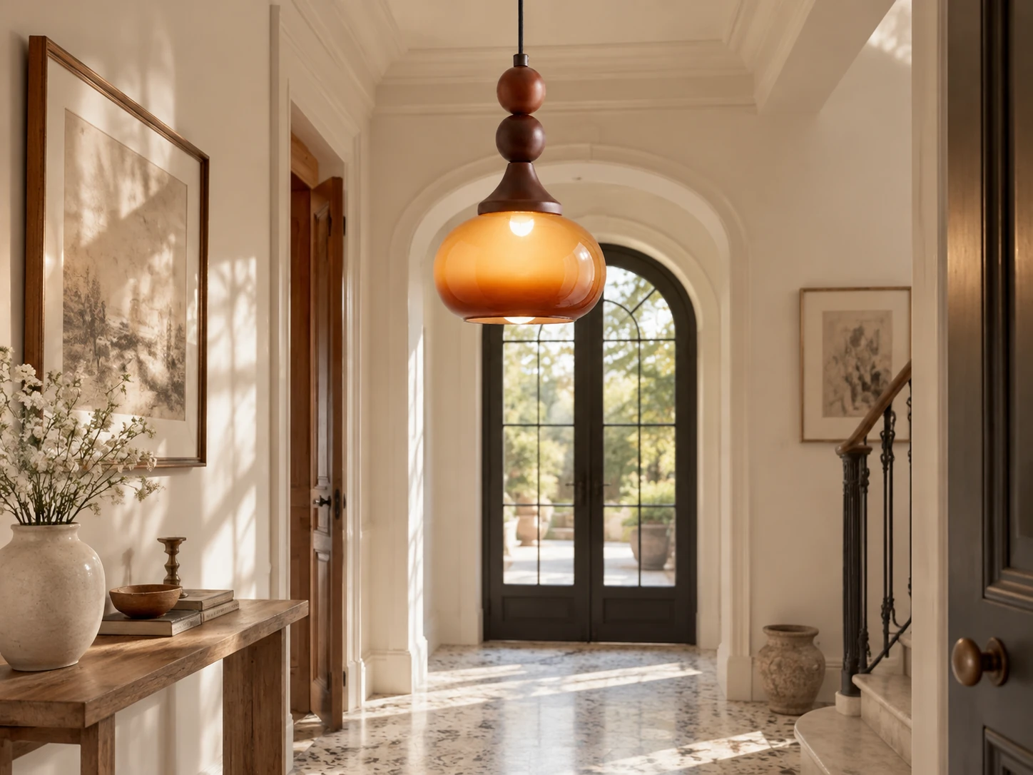 Shaped Glass Pendant with Turned Rubberwood Accents in Brown or Cream - New2609-1024583 scene 3