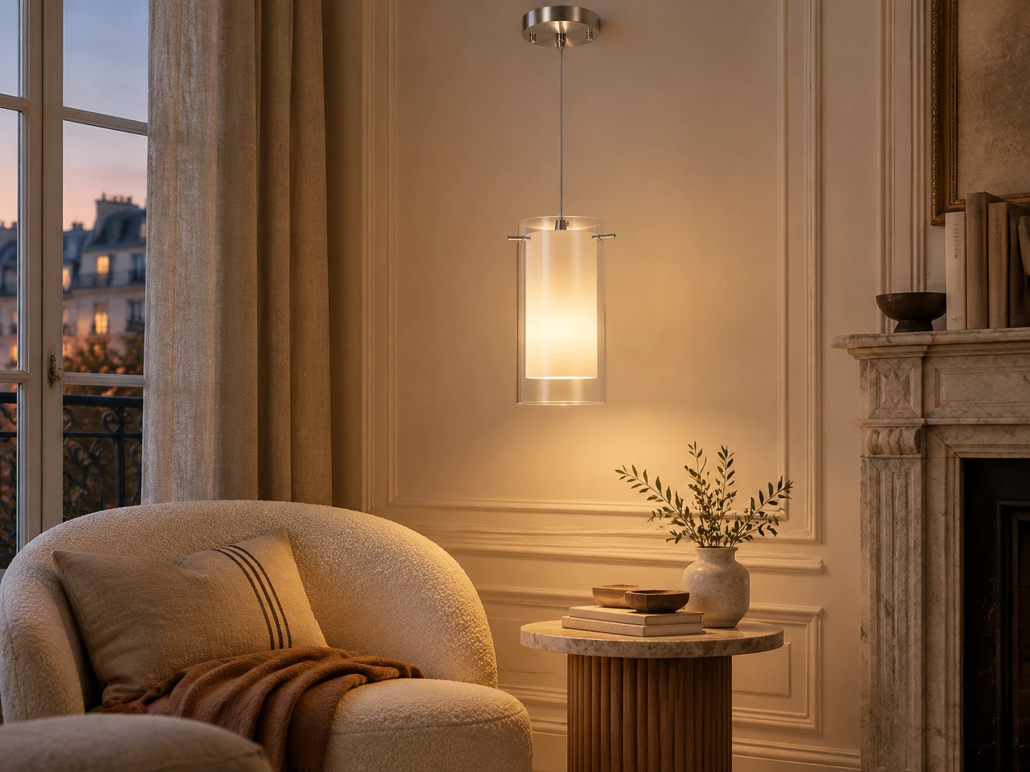 Modern Double Glass Pendant Light, Chrome Finish, Clear and White Shades - New2609-1024586 scene 4