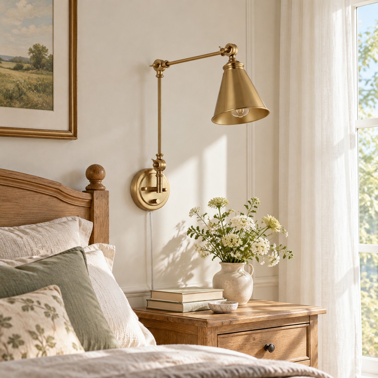 Gold swing-arm sconce beside a bed in daylight