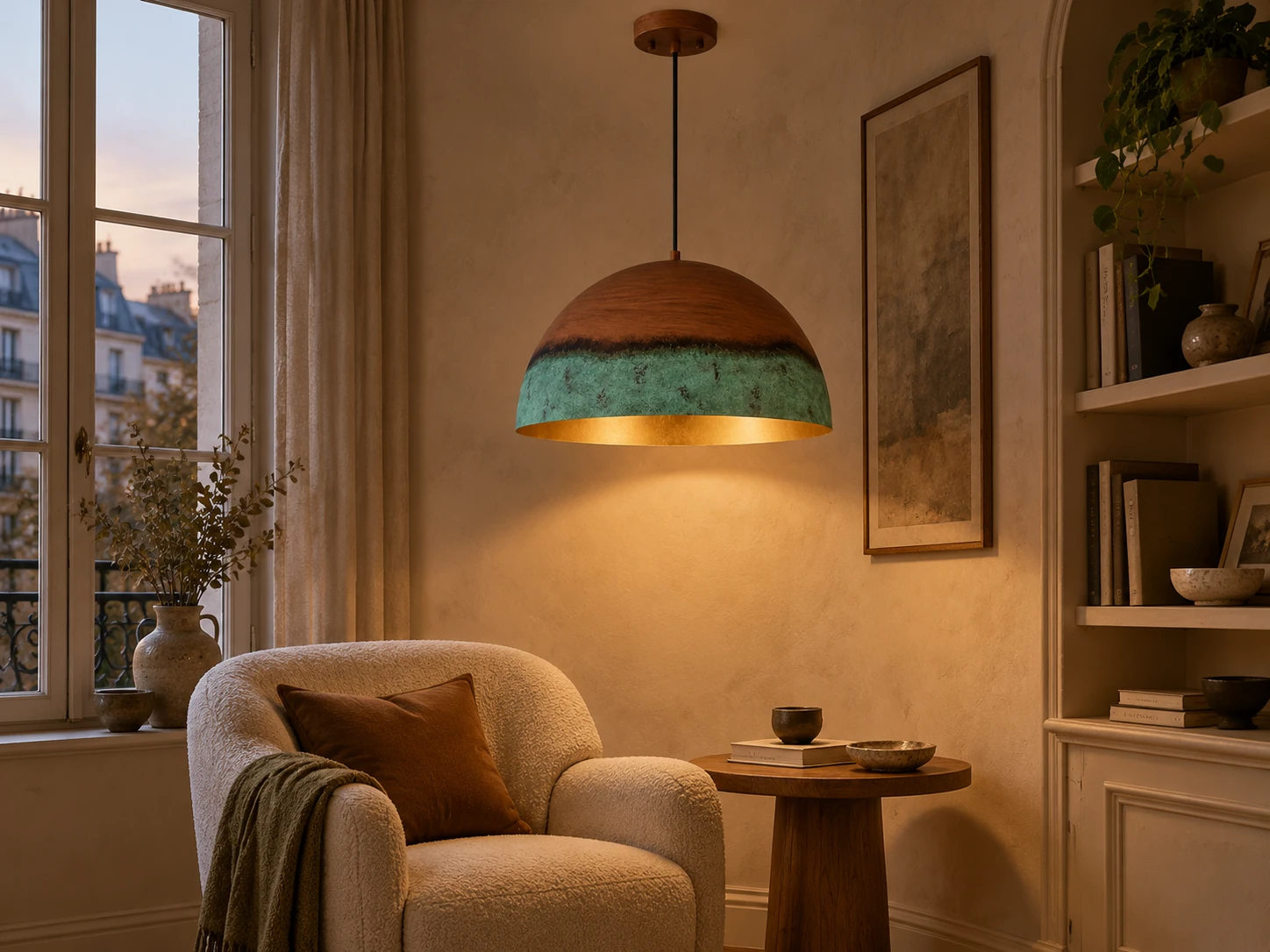 Textured Copper Patina Iron Dome Pendant Light with Gold Interior - New2609-1024556 scene 4