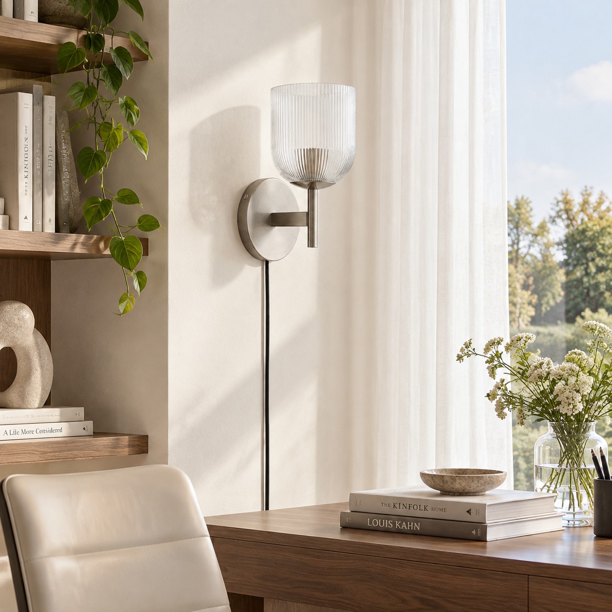 Chrome ribbed-glass sconce beside a desk in daylight