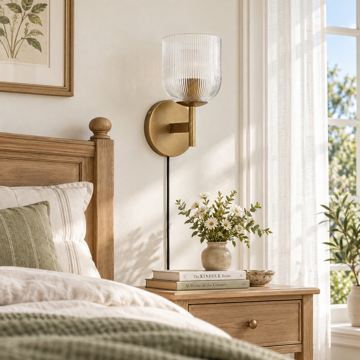 Tumbled-brass ribbed-glass sconce beside a bed in daylight