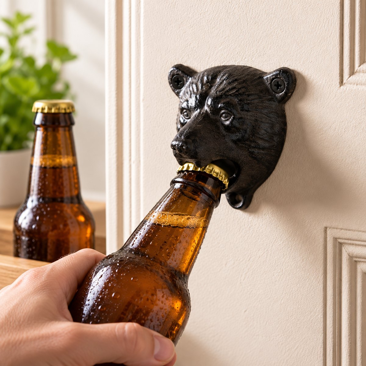 Bear opener in use on a kitchen wall