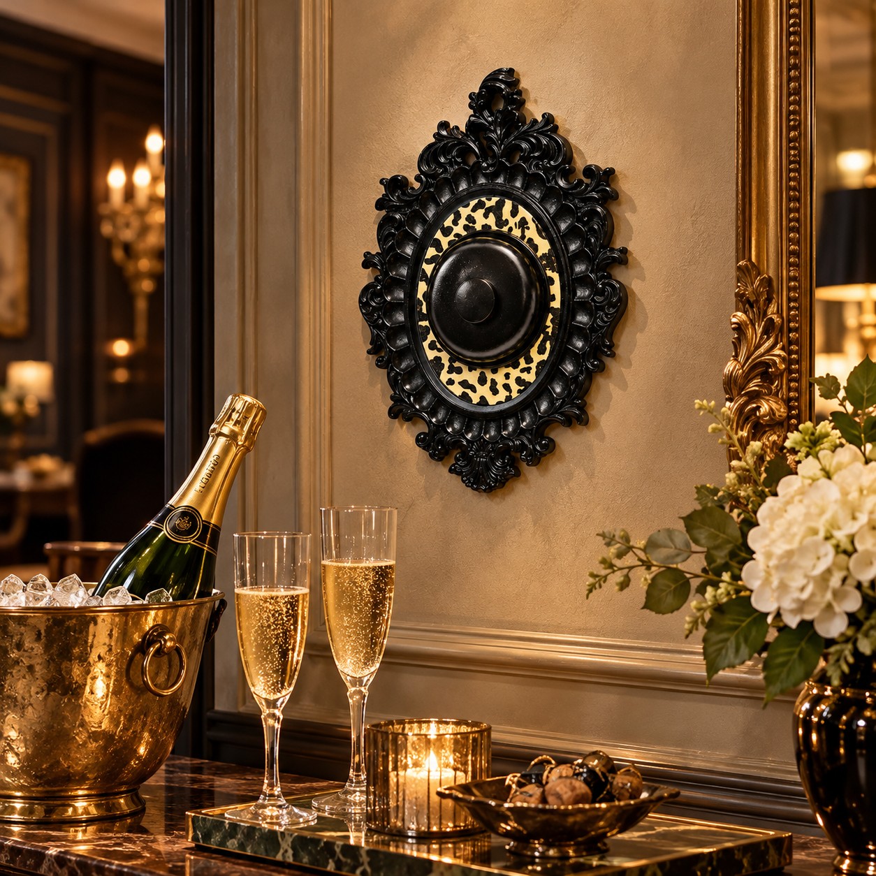 Black leopard wall bell with a champagne bucket