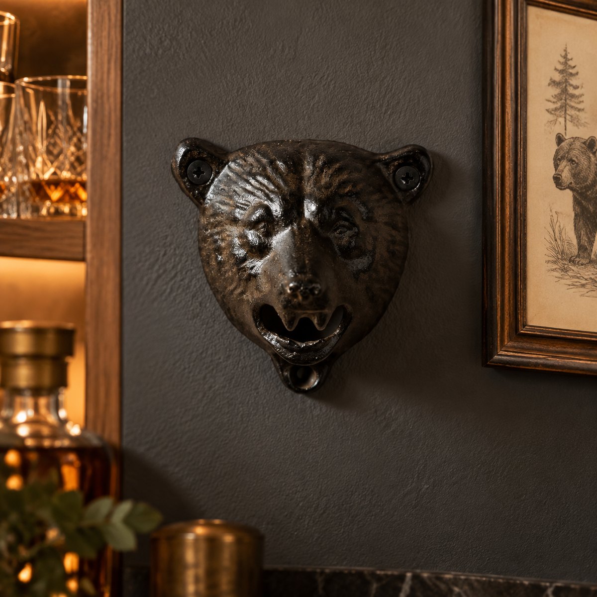 Bear opener as wall decor on a charcoal wall