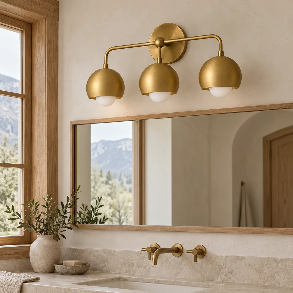 Raw-Brass Three-Shade Vanity Bar, 16 Inches