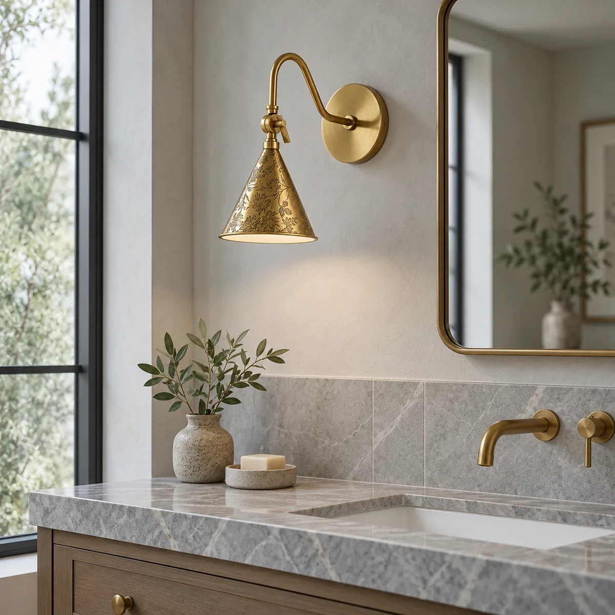 Etched Floral Cone Sconce in a Brass Finish