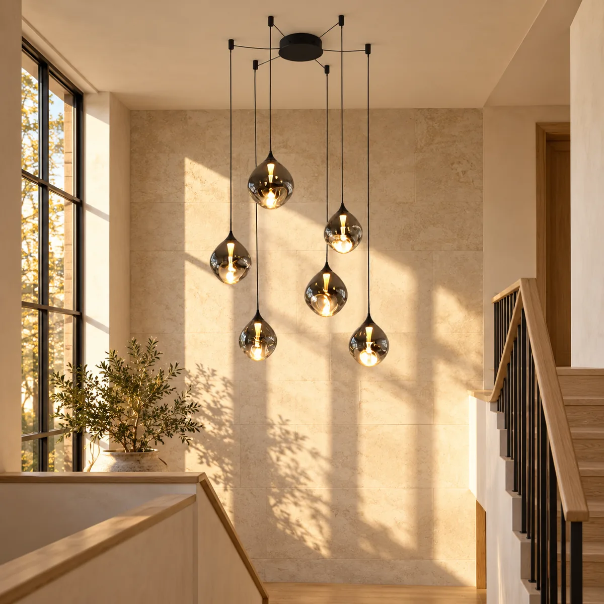 Six Mouth-Blown Glass Shades on Adjustable Cords