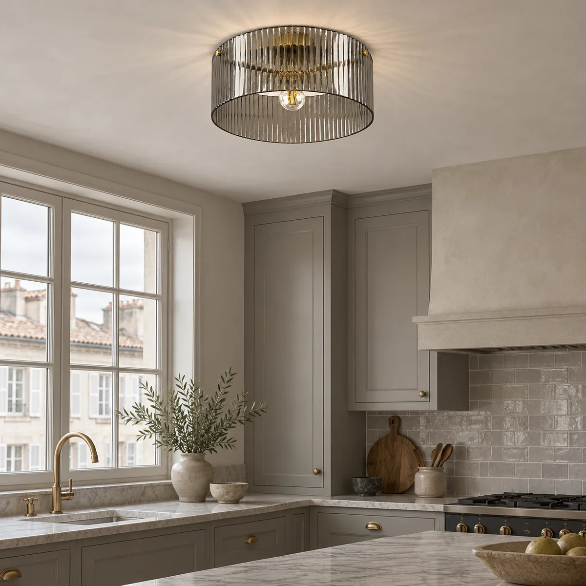 Ribbed-Glass Flush Drum with a Brass Interior