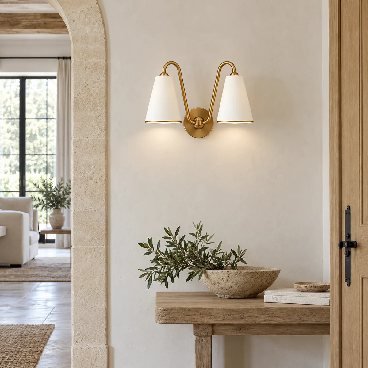Double-Cone Brass Wall Sconce with Two Shades