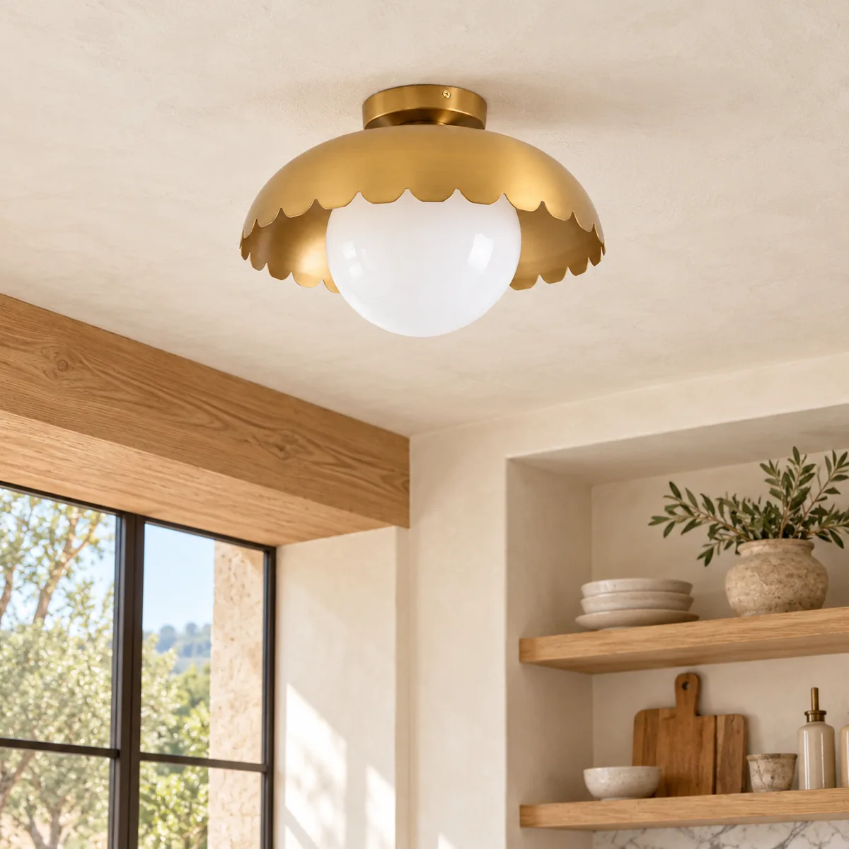 Scalloped Brass Globe Flush Mount, 16 Inches