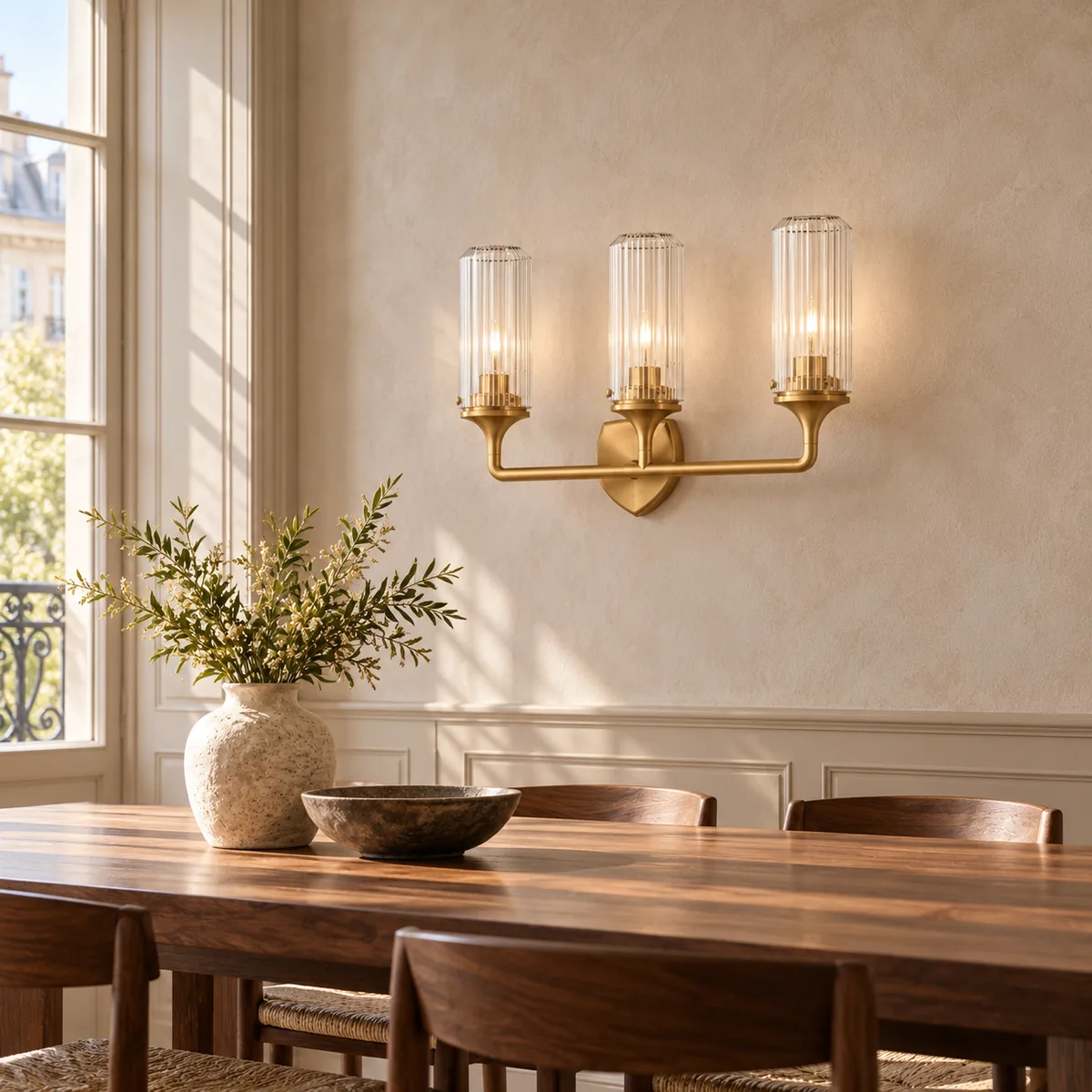 Faceted-Backplate Wall Sconce in Fluted Clear Glass