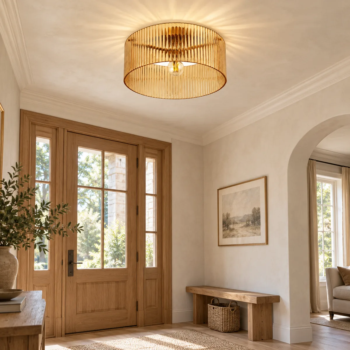 Ribbed-Glass Flush Drum with a Brass Interior