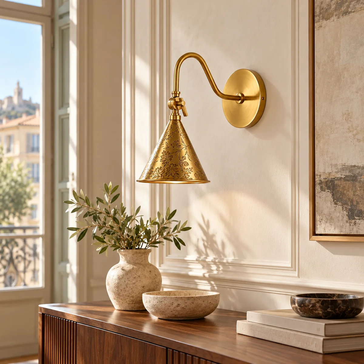 Etched Floral Cone Sconce in a Brass Finish
