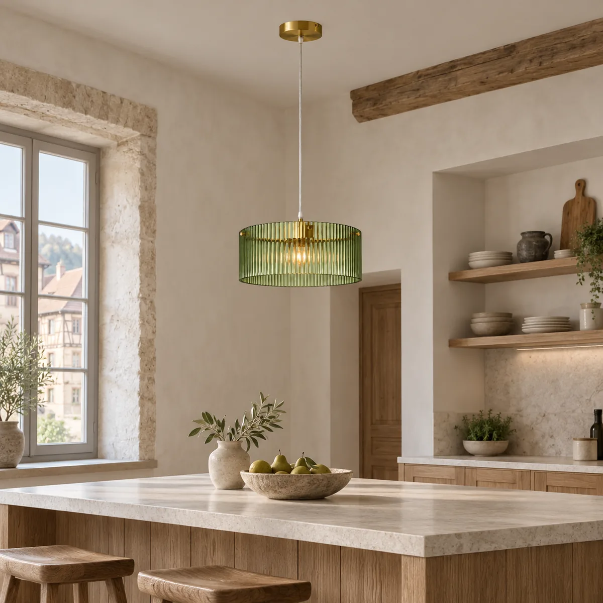 Ribbed Glass Drum Pendant with Brass Fittings