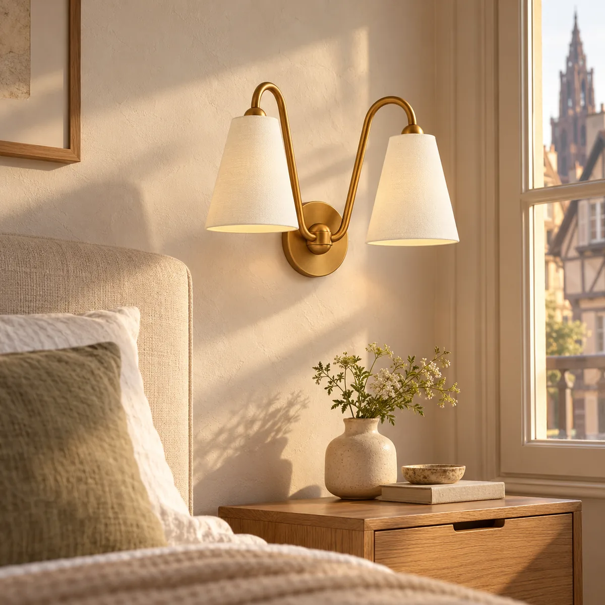 Double-Cone Brass Wall Sconce with Two Shades