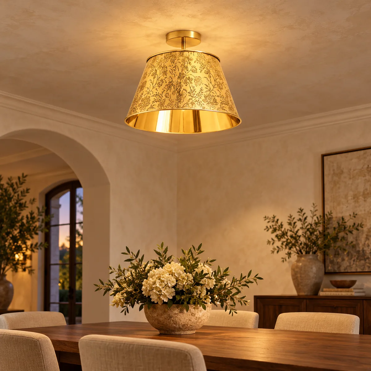 Antique-Brass Floral Flush Light for the Ceiling
