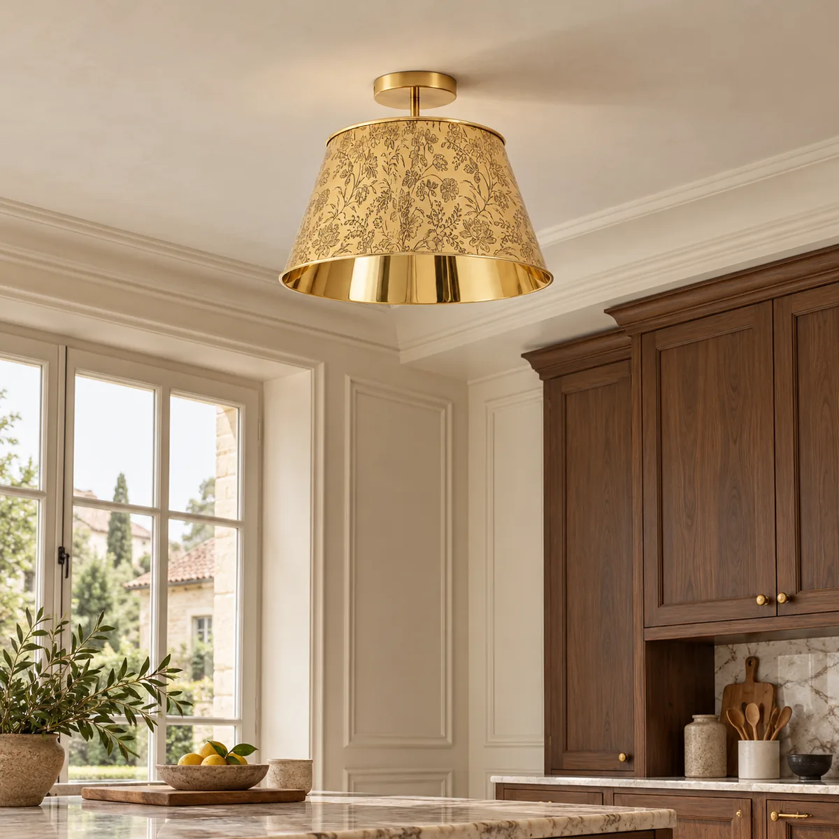 Antique-Brass Floral Flush Light for the Ceiling