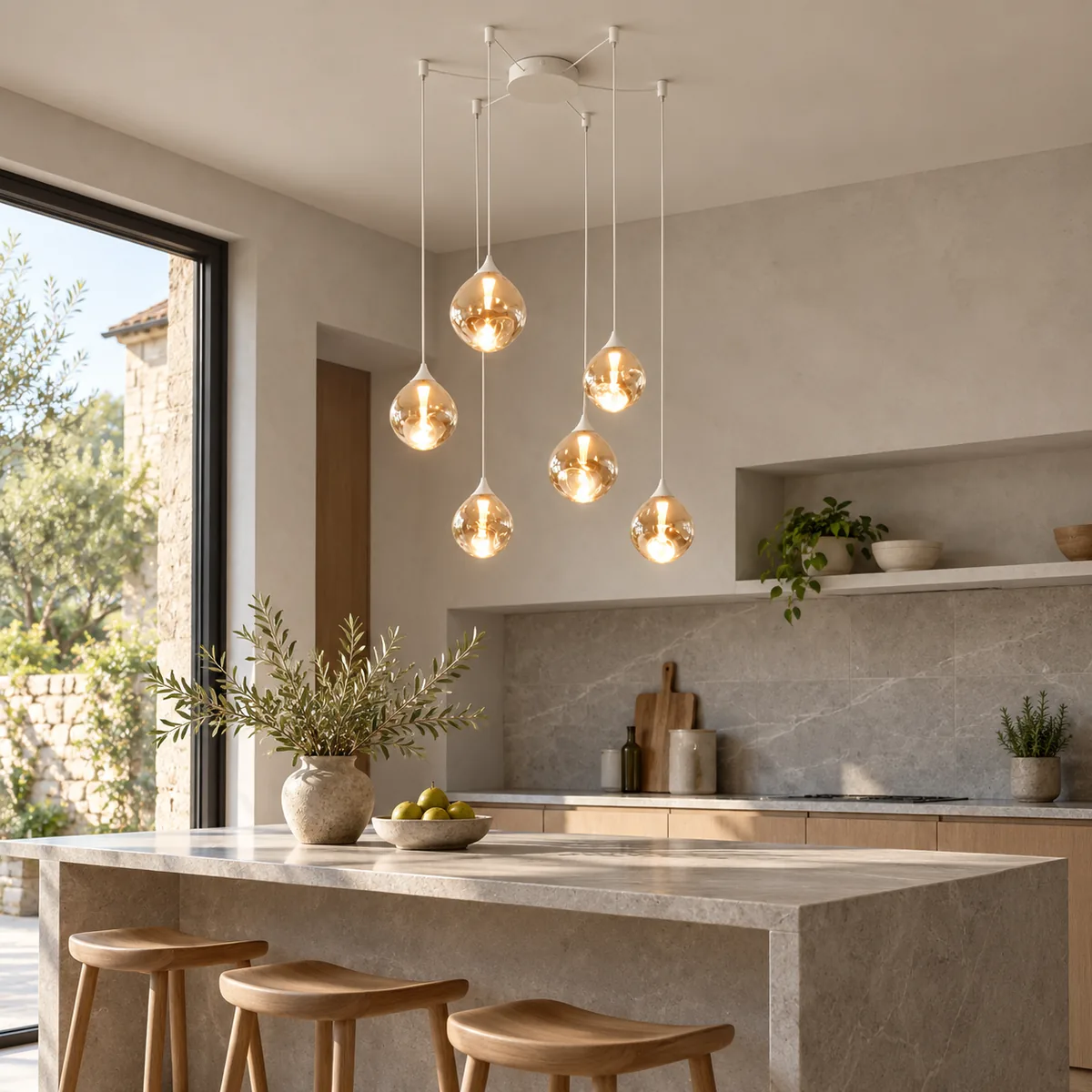 Six Mouth-Blown Glass Shades on Adjustable Cords