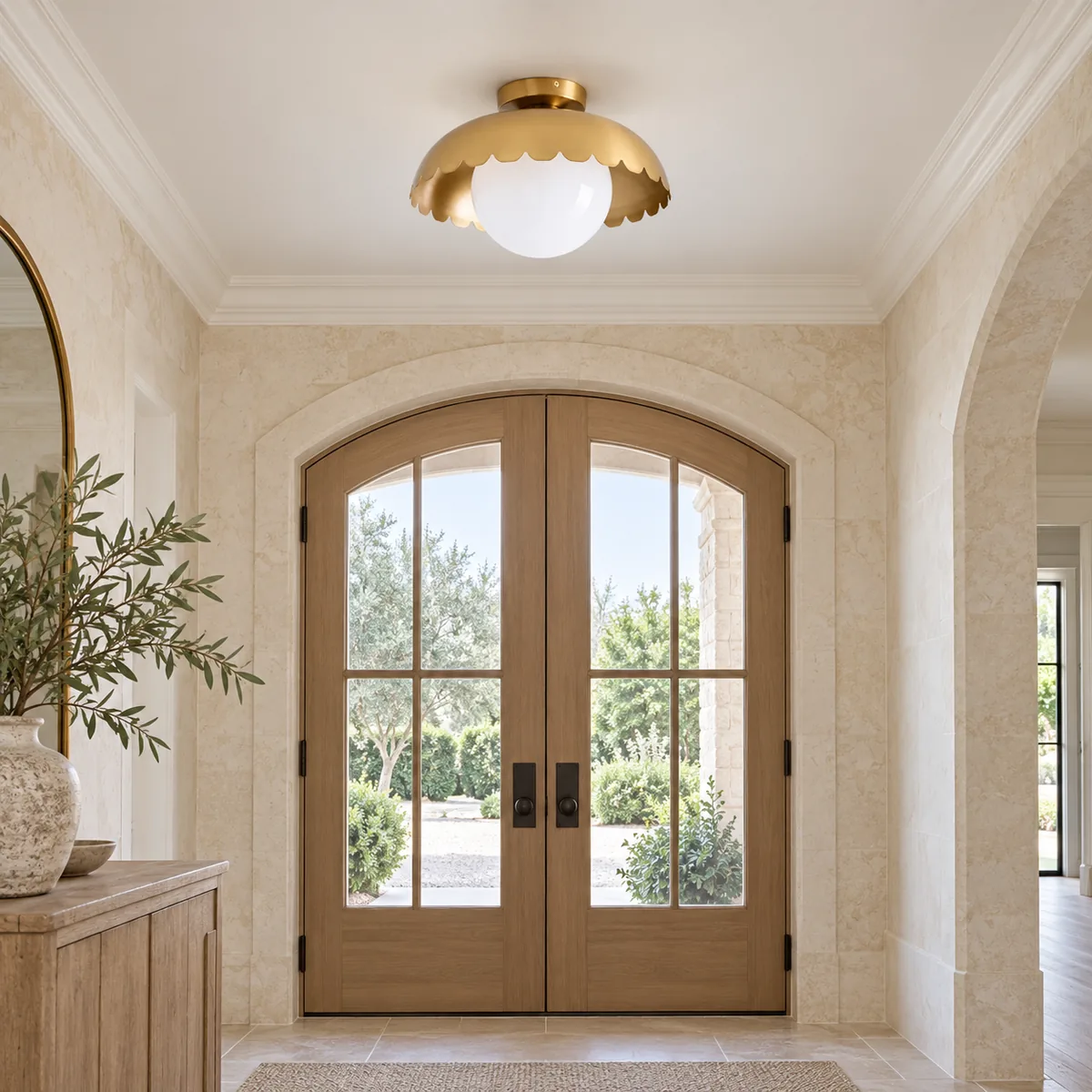 Scalloped Brass Globe Flush Mount, 16 Inches