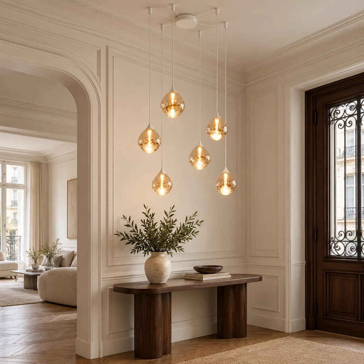 Six Mouth-Blown Glass Shades on Adjustable Cords