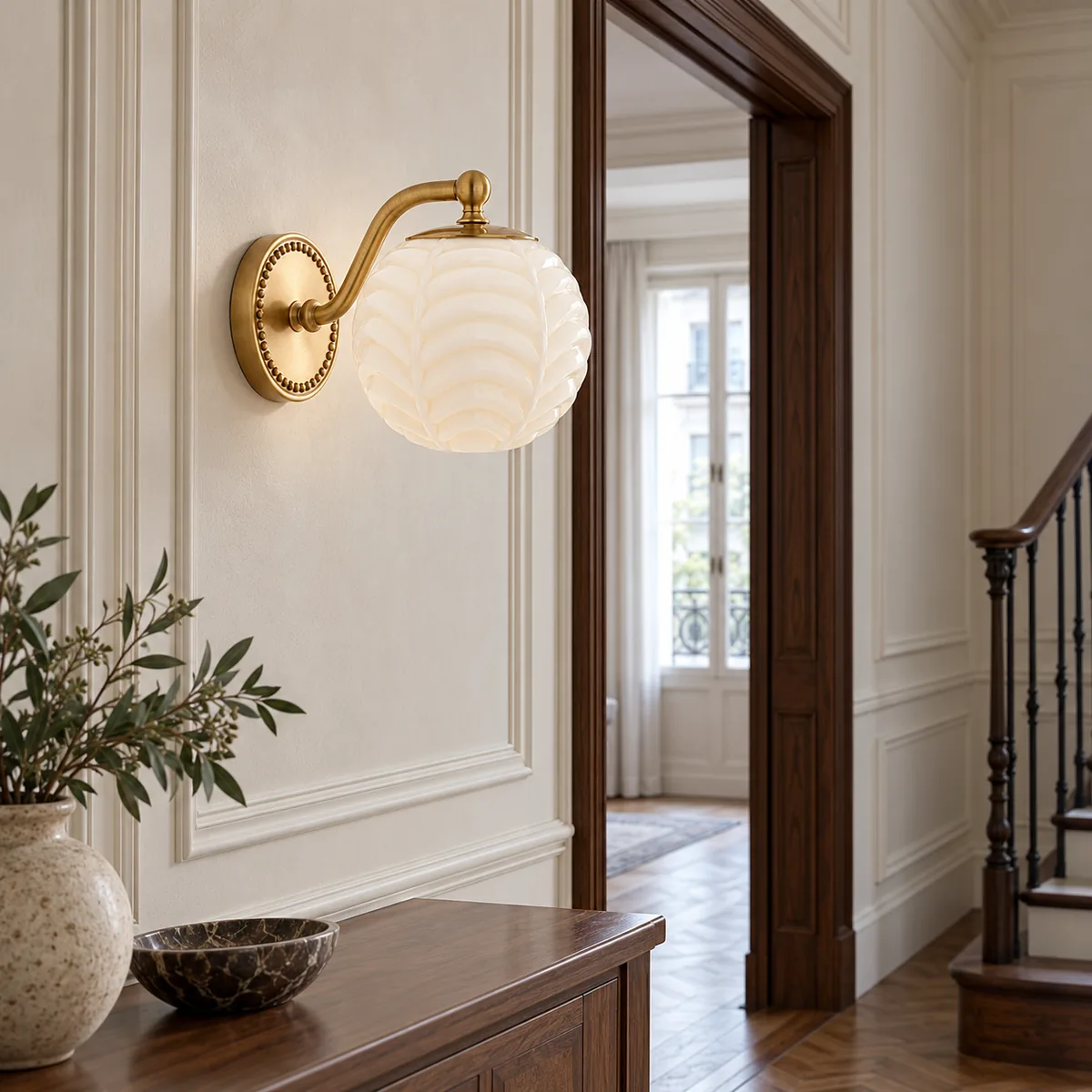 Ribbed Cream Milk-Glass Sconce with a Beaded Brass Plate