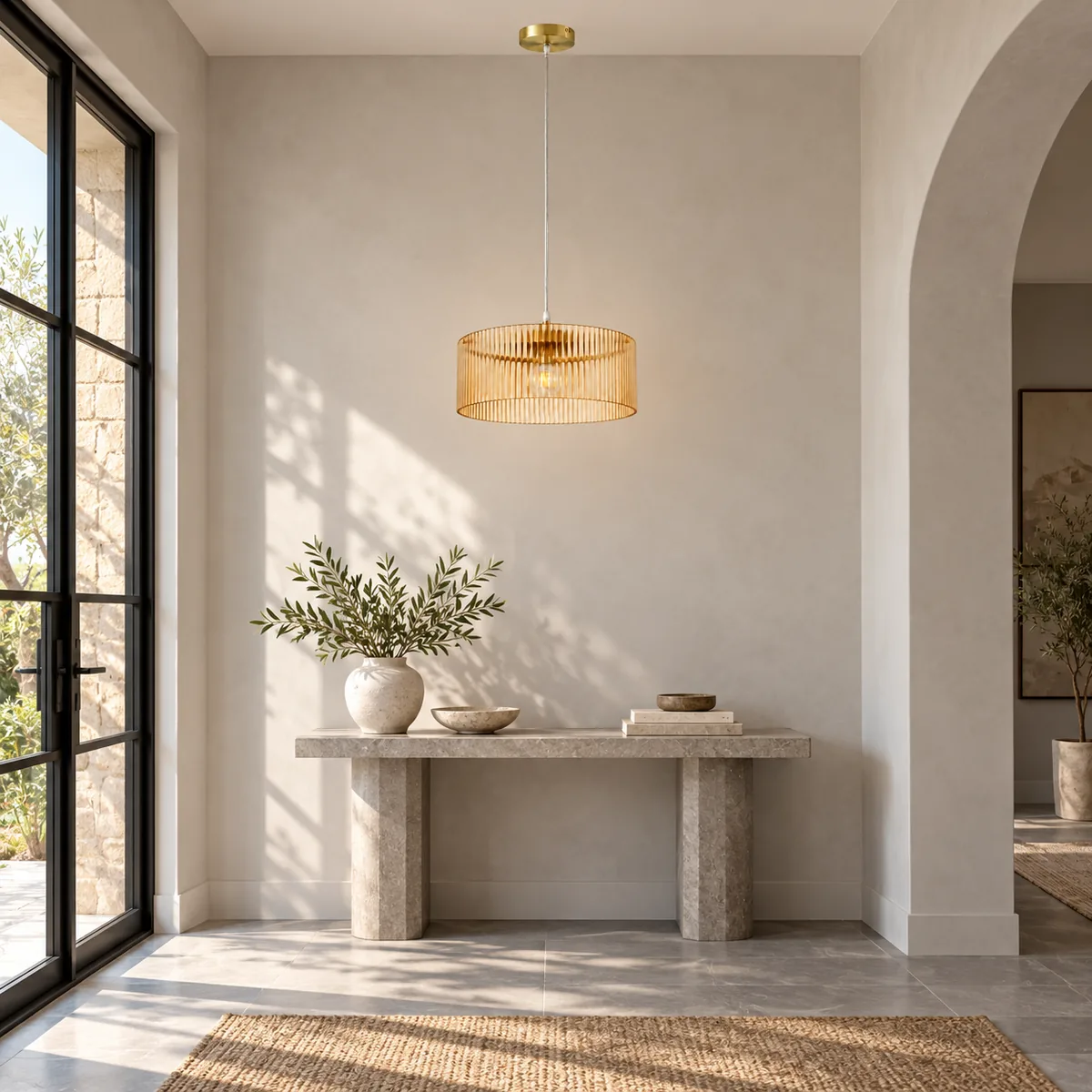 Ribbed Glass Drum Pendant with Brass Fittings