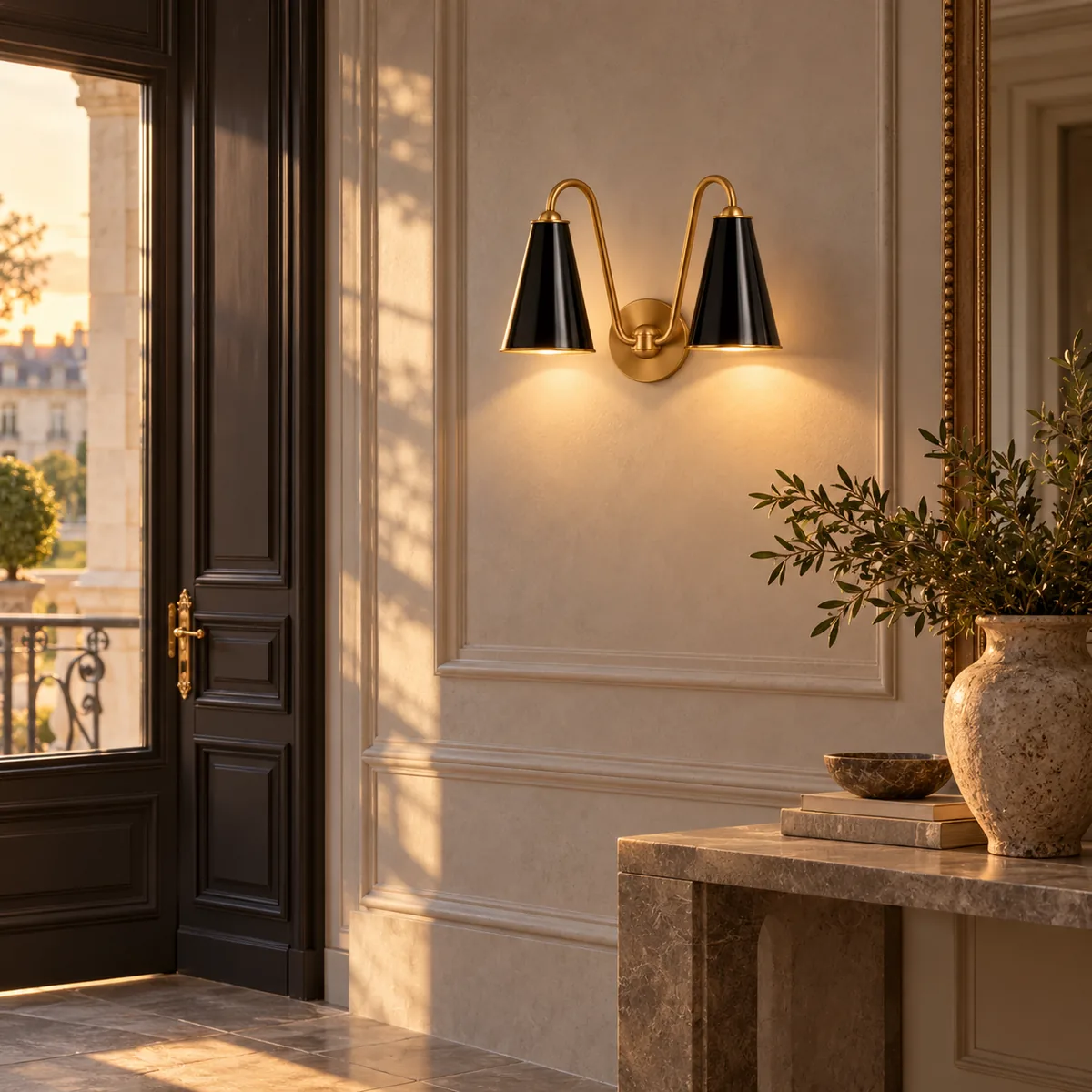 Double-Cone Brass Wall Sconce with Two Shades