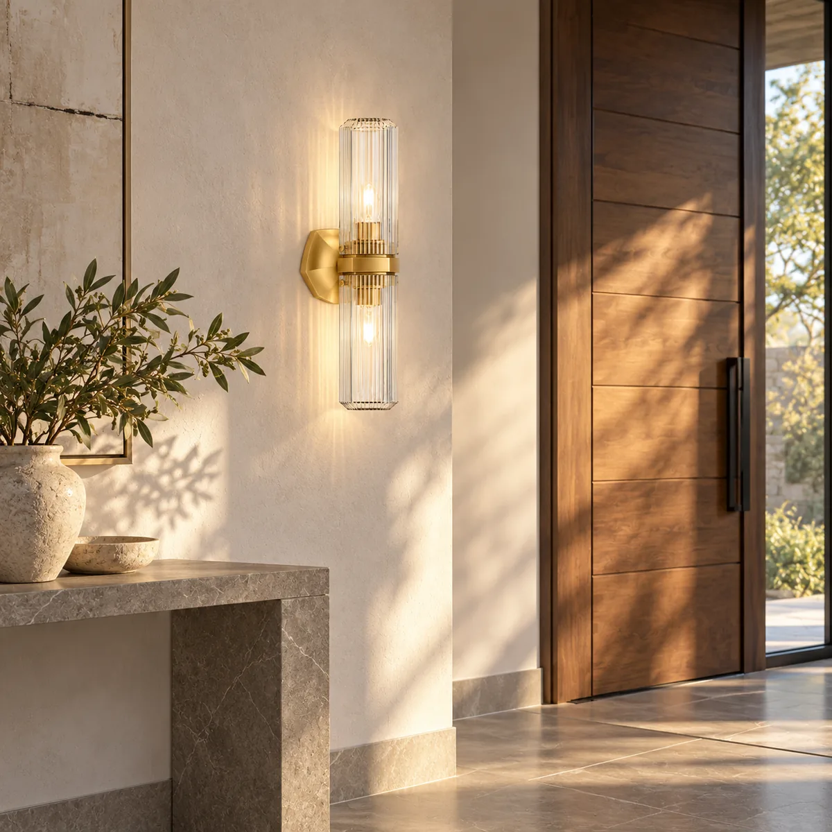 Faceted-Backplate Wall Sconce in Fluted Clear Glass