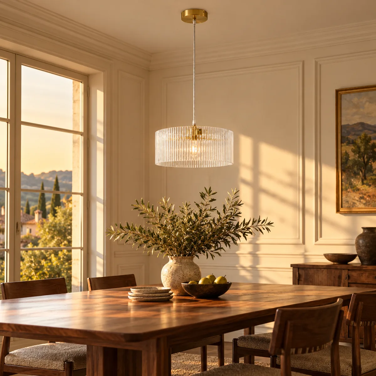 Ribbed Glass Drum Pendant with Brass Fittings
