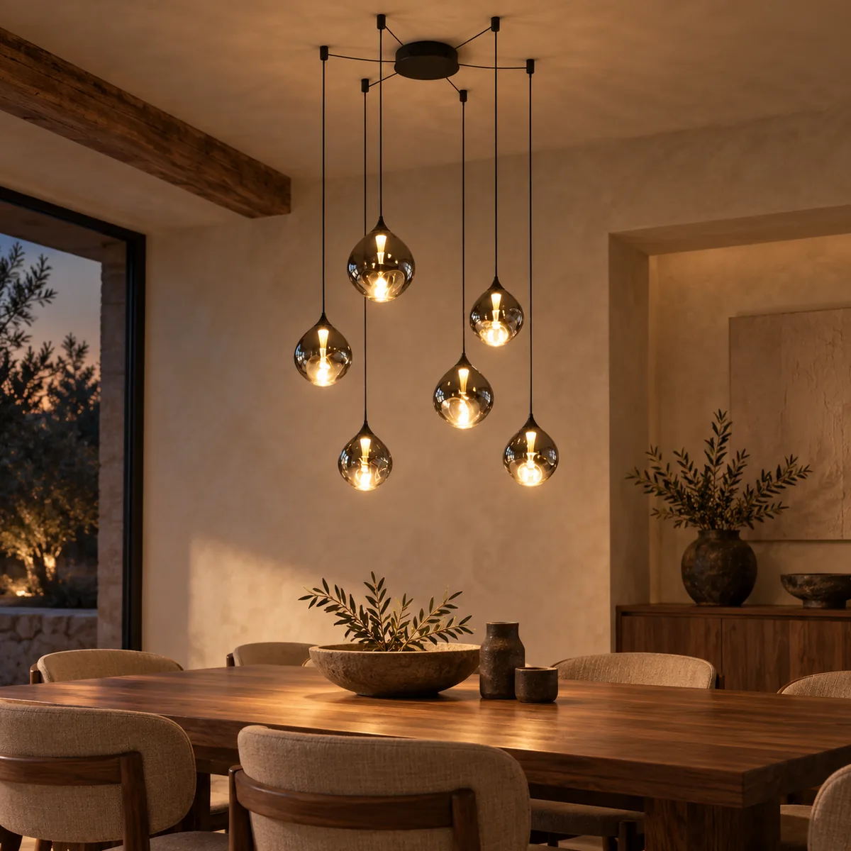 Six Mouth-Blown Glass Shades on Adjustable Cords