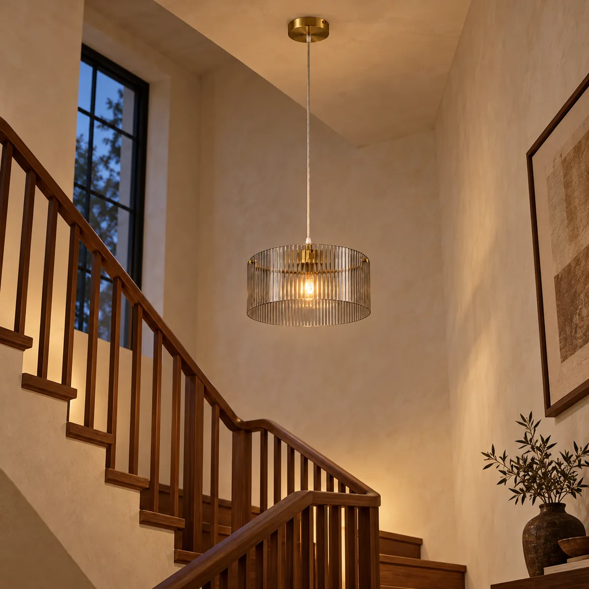 Ribbed Glass Drum Pendant with Brass Fittings