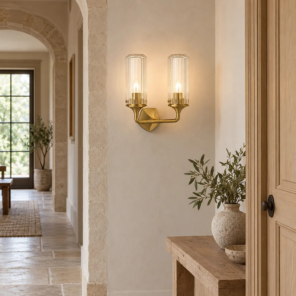 Faceted-Backplate Wall Sconce in Fluted Clear Glass