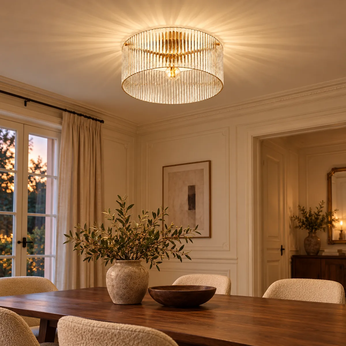 Ribbed-Glass Flush Drum with a Brass Interior
