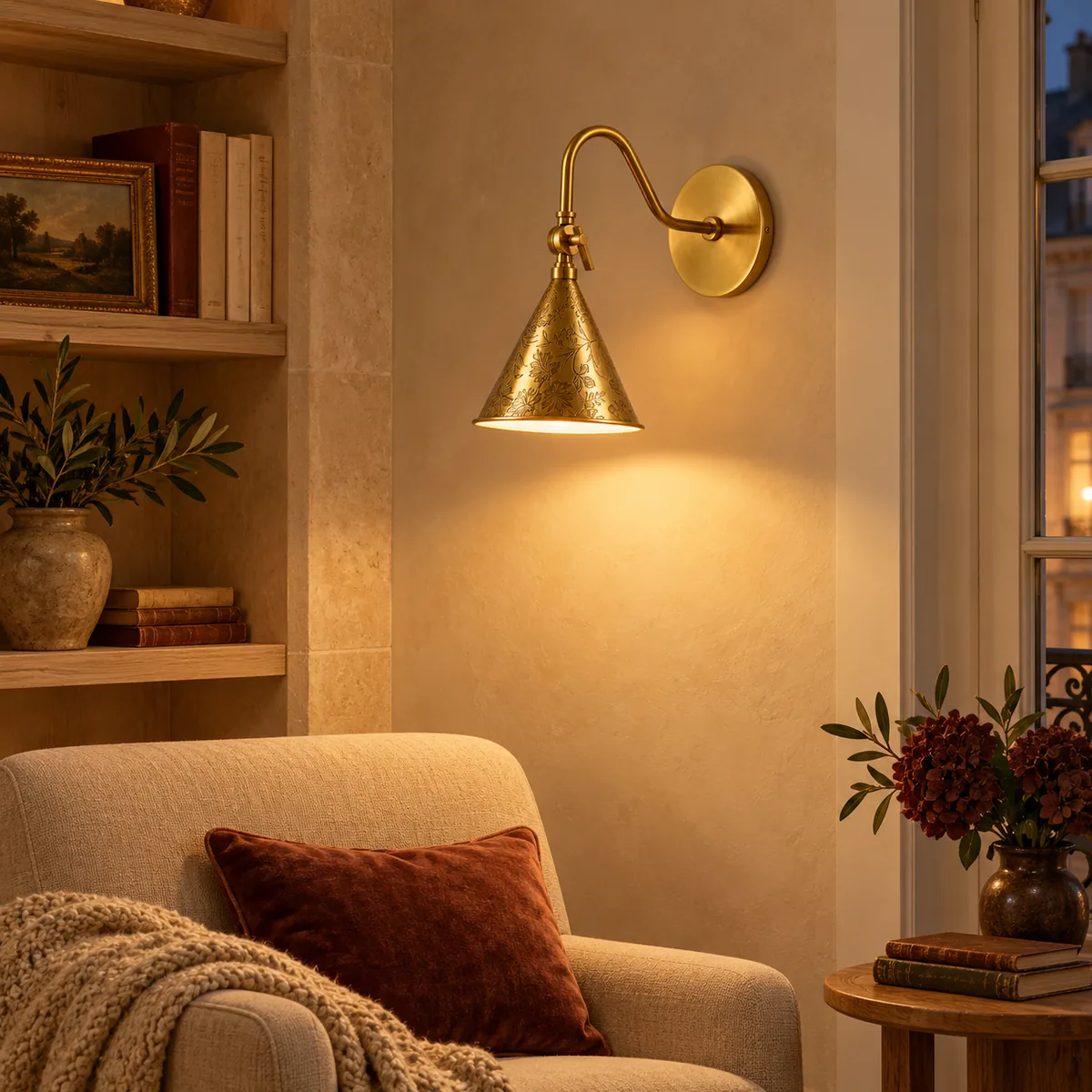Etched Floral Cone Sconce in a Brass Finish