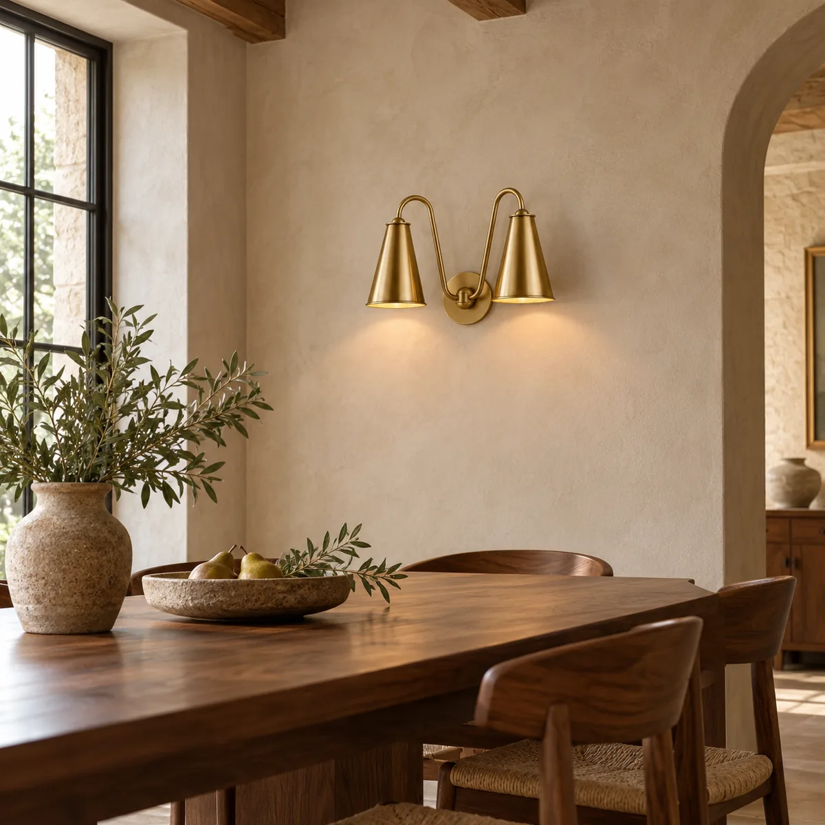 Double-Cone Brass Wall Sconce with Two Shades