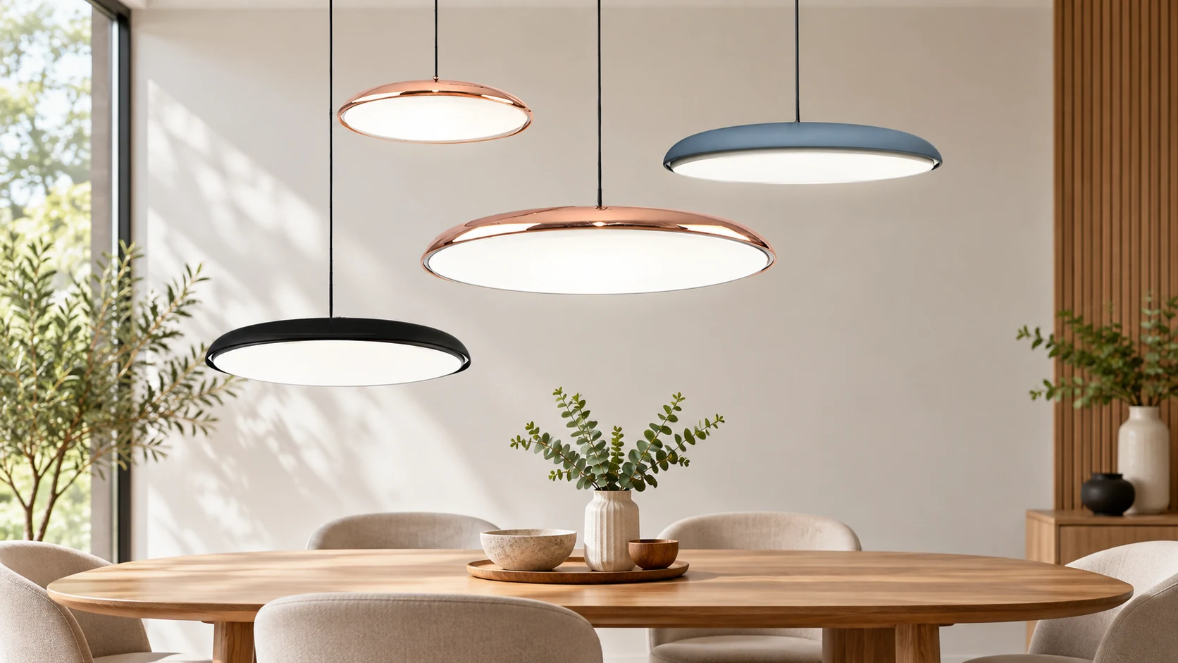 Modern metal saucer pendant light in a contemporary room