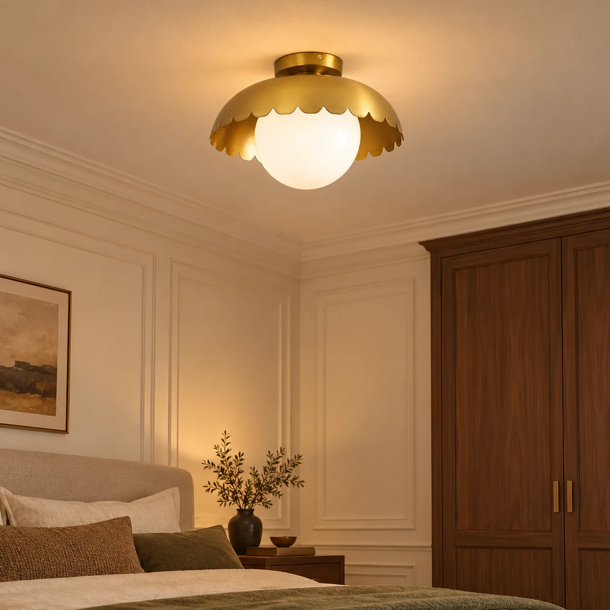 Scalloped Brass Globe Flush Mount, 16 Inches