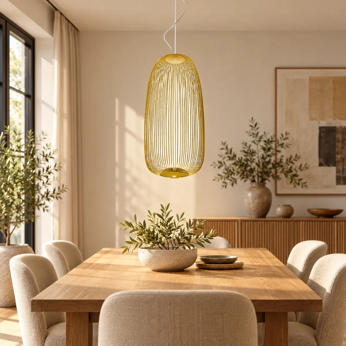 Goldene Radiloop-Pendelleuchte, 32 × 72 cm, im Essbereich
