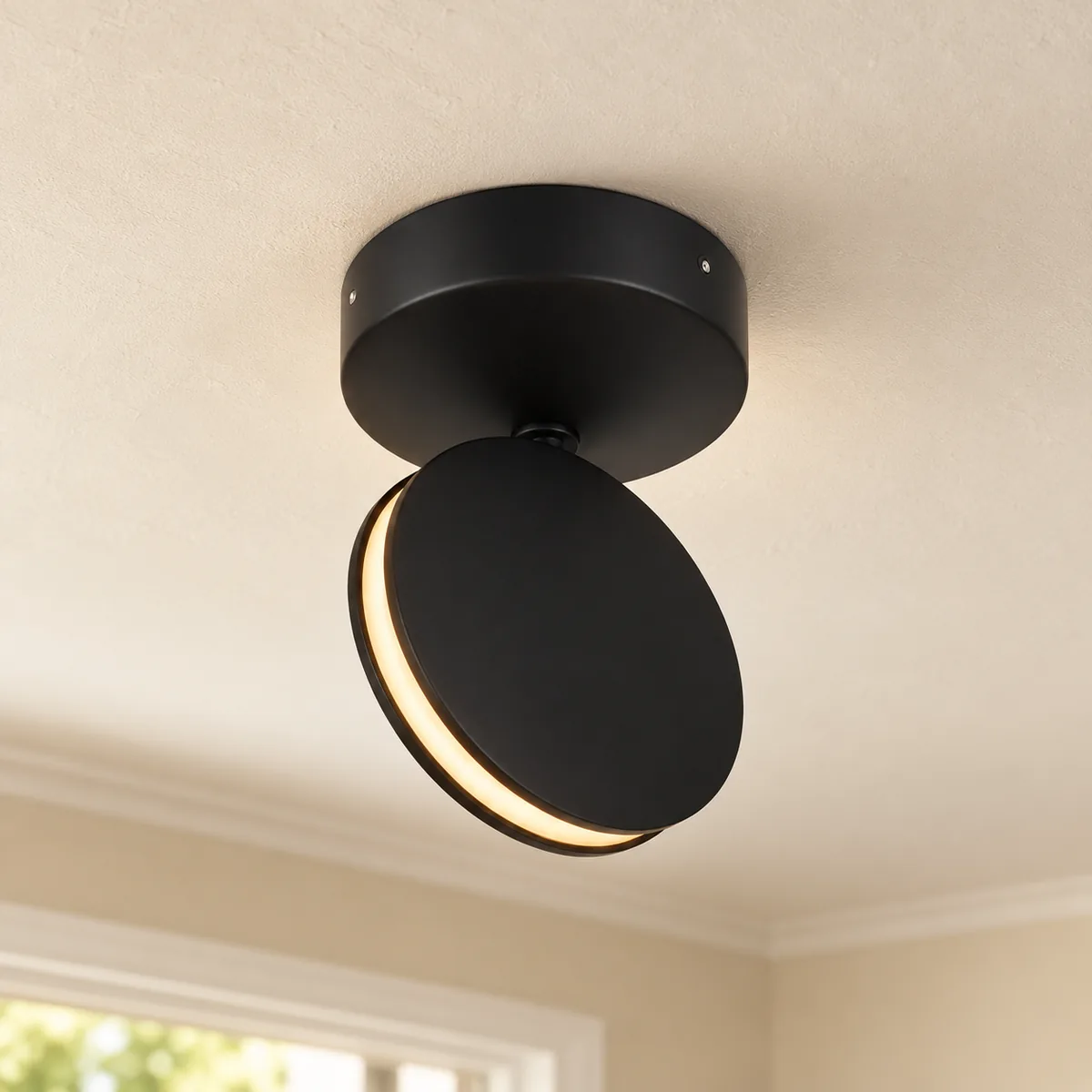 Black aluminium disc LED mounted on the ceiling