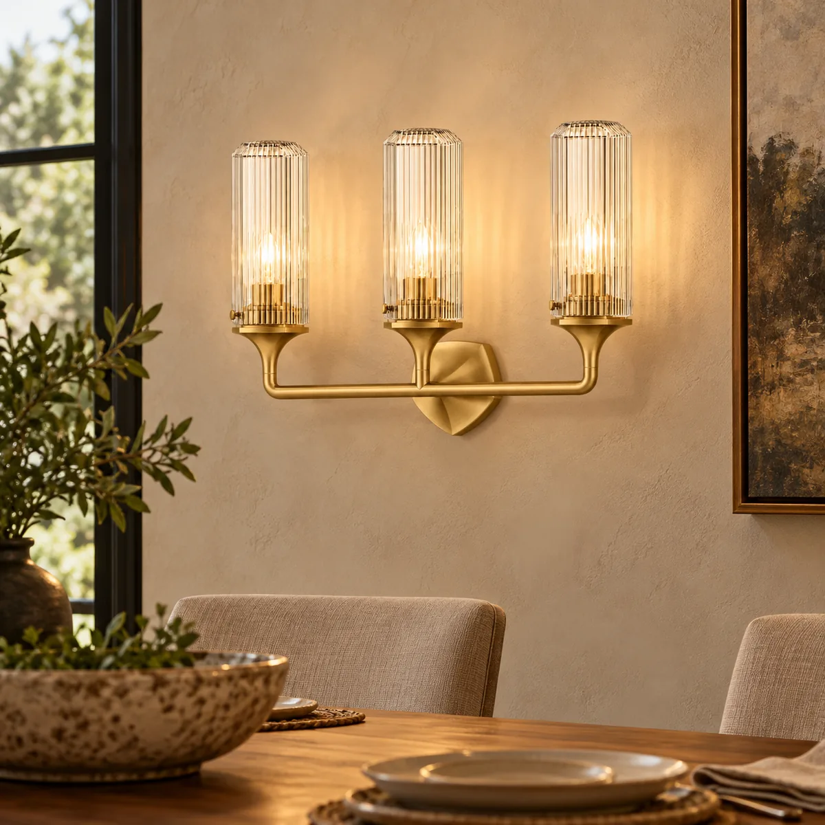 Faceted-Backplate Wall Sconce in Fluted Clear Glass